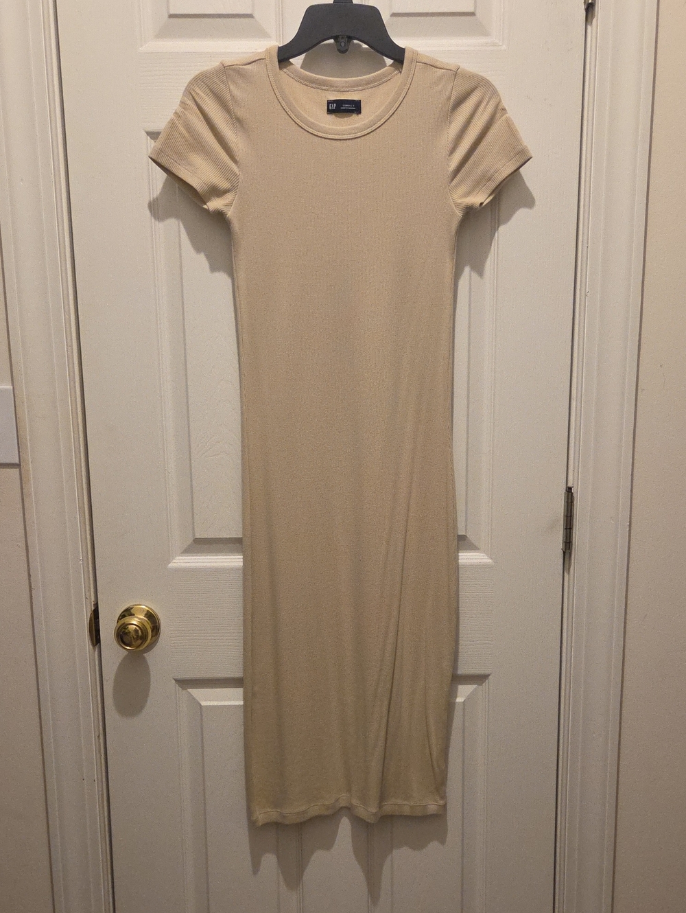 GAP Short-Sleeve Ribbed Midi Dress - Beige